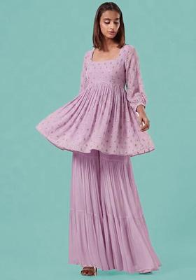 Lavender Printed Silk Blend Sharara Set