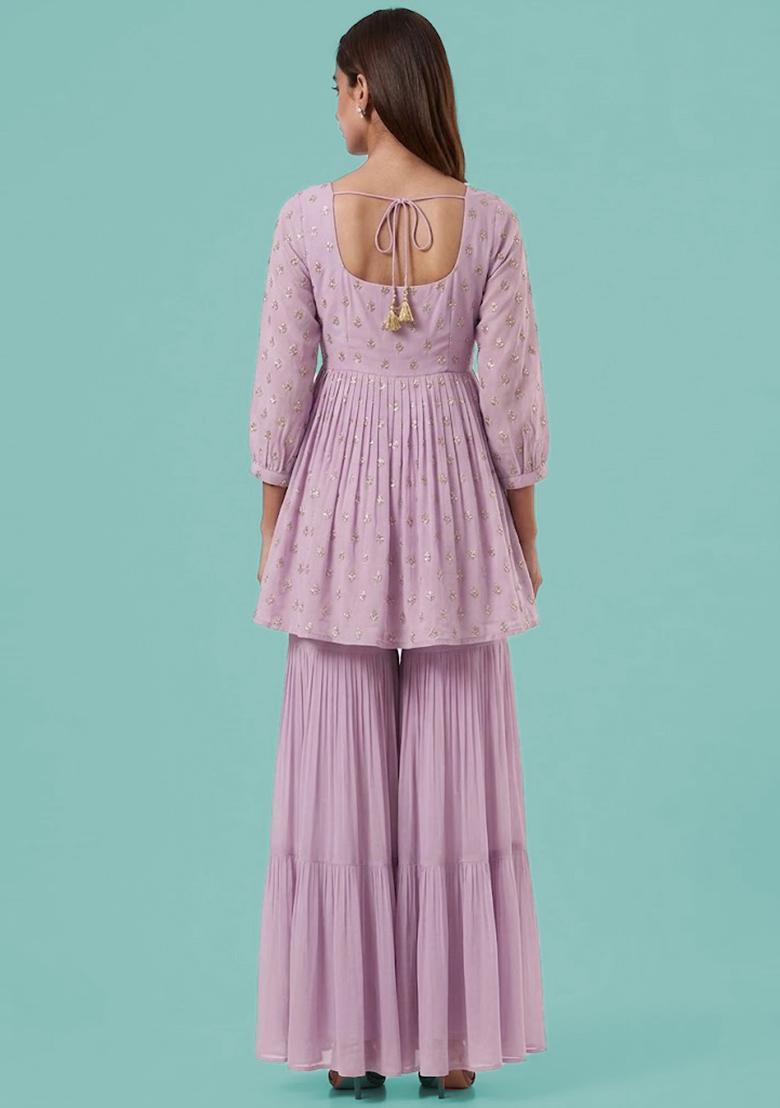Lavender Printed Silk Blend Sharara Set - Indya