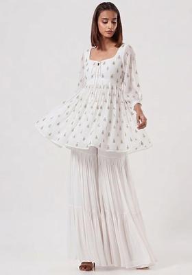 White Printed Silk Blend Sharara Set