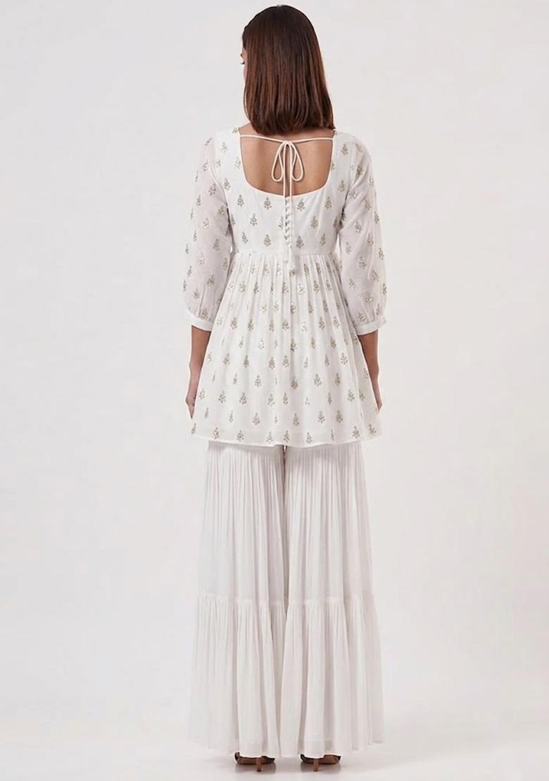 White Printed Silk Blend Sharara Set - Indya