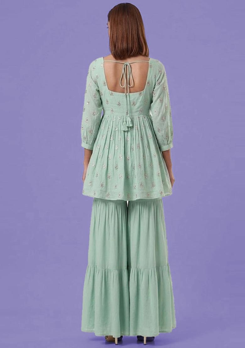 Lavender Printed Silk Blend Sharara Set - Indya