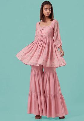 Light Pink Printed Silk Blend Sharara Set