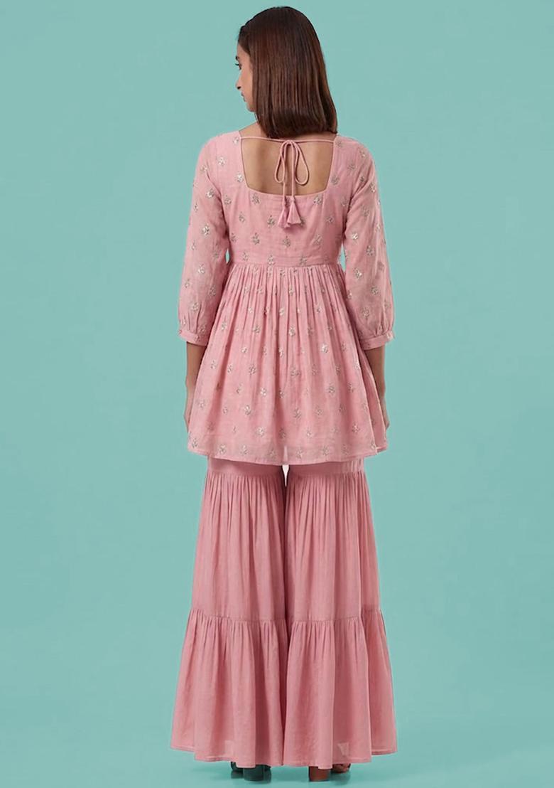 Light Pink Printed Silk Blend Sharara Set - Indya