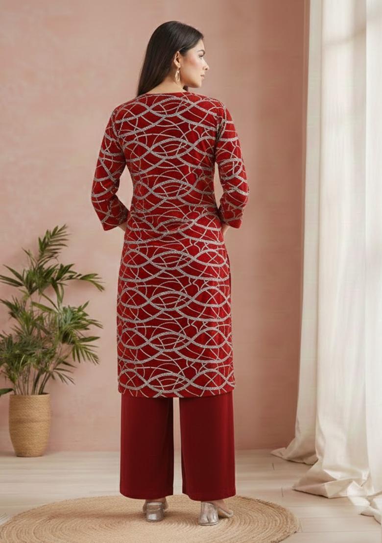 Red Embroidered Georgette Kurta Set - Indya