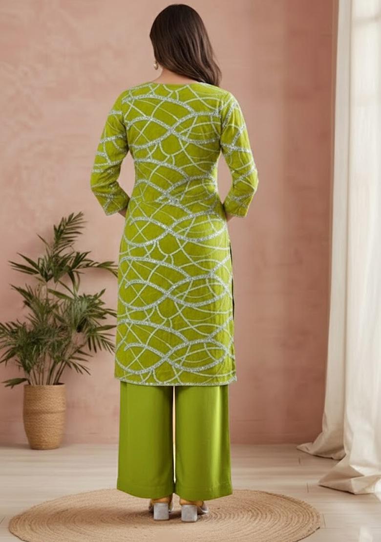 Parrot Green Embroidered Georgette Kurta Set - Indya