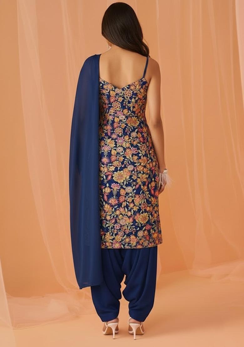 Navy Blue Printed Crepe Kurta Set - Indya