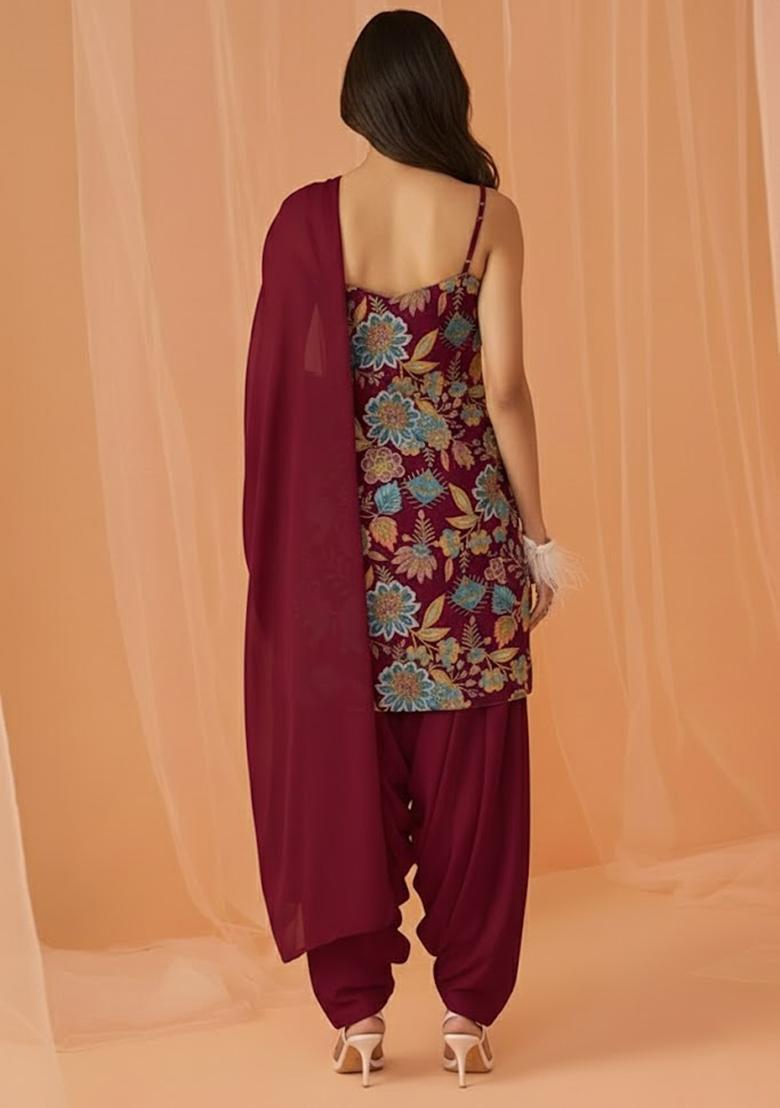 Maroon Printed Crepe Kurta Set - Indya