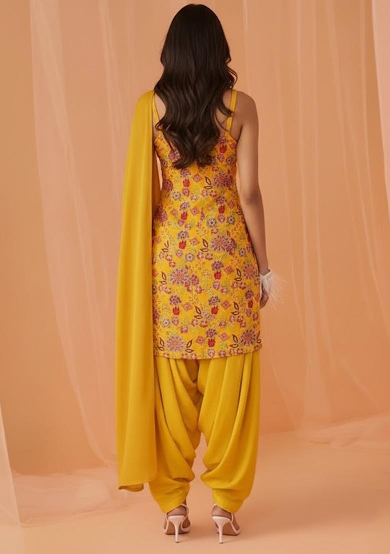 Yellow Printed Crepe Kurta Set - Indya