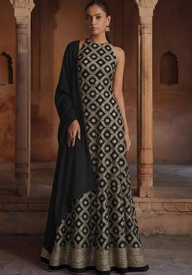Black Silk Blend Anarkali With Dupatta