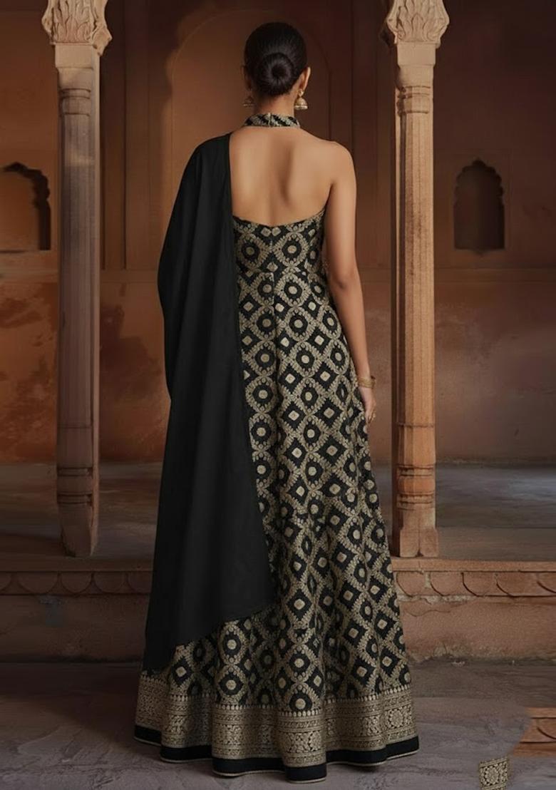 Black Silk Blend Anarkali With Dupatta - Indya