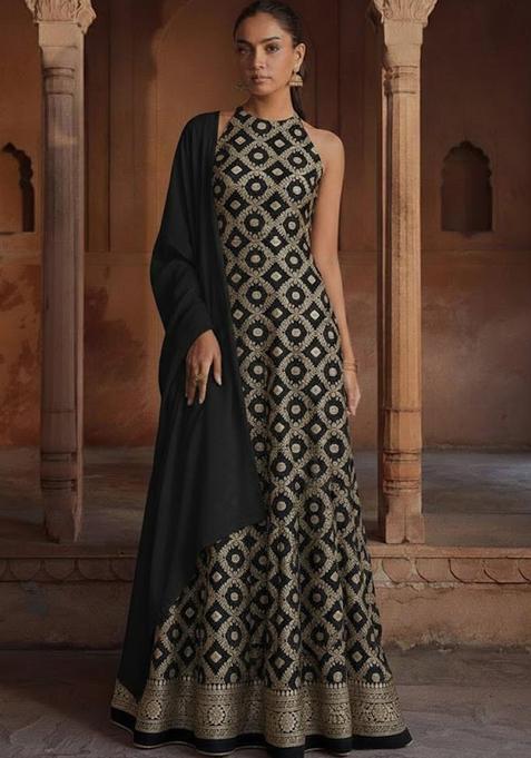 Black Silk Blend Anarkali With Dupatta