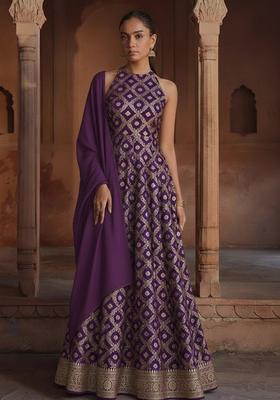 Purple Silk Blend Anarkali With Dupatta
