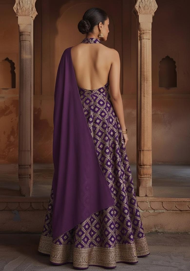 Purple Silk Blend Anarkali With Dupatta - Indya
