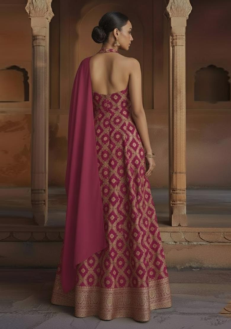 Pink Silk Blend Anarkali With Dupatta - Indya