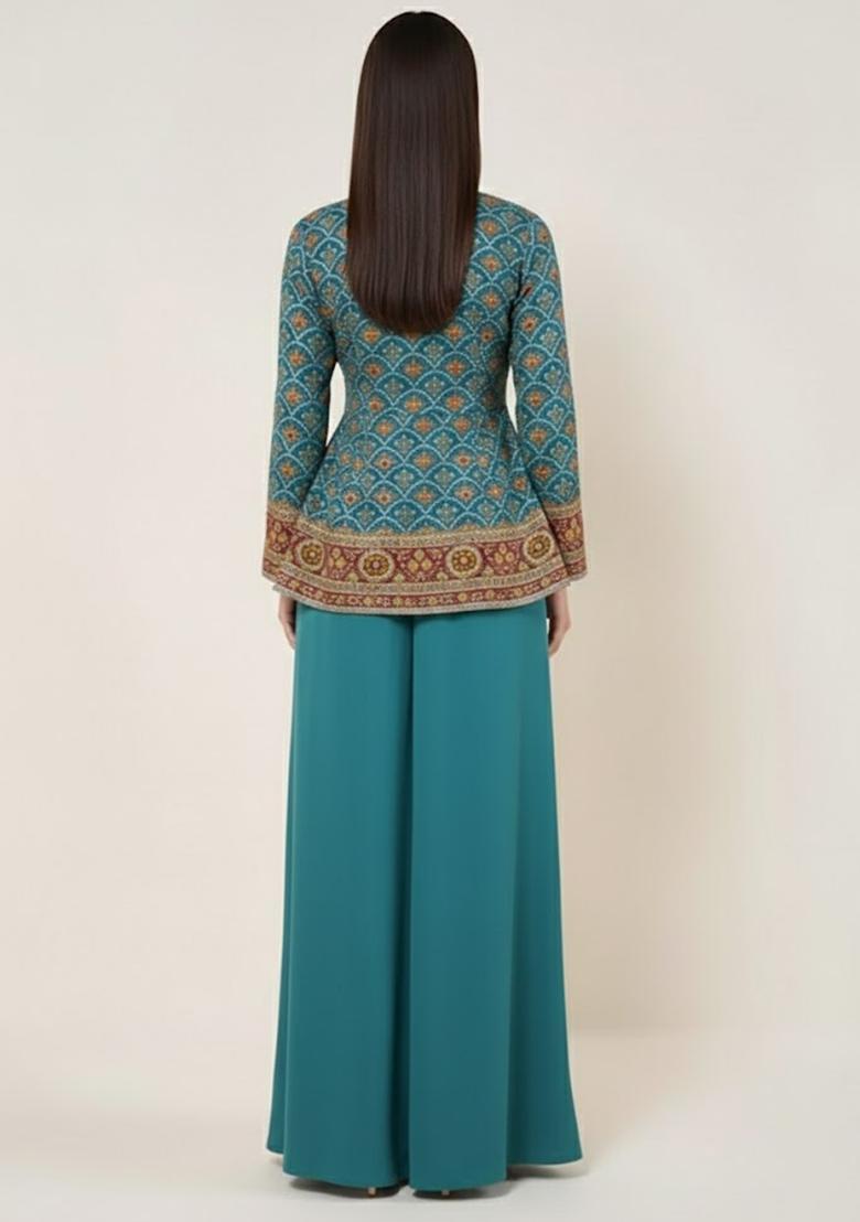 Teal Blue Embroidered Crepe Fusion Set - Indya