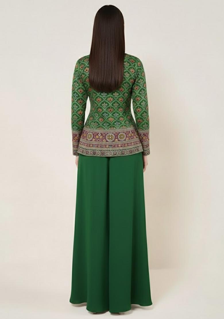 Green Embroidered Crepe Fusion Set - Indya