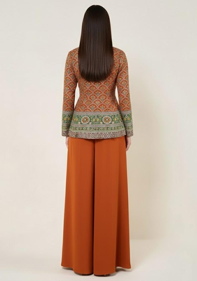 Orange Embroidered Crepe Fusion Set - Indya