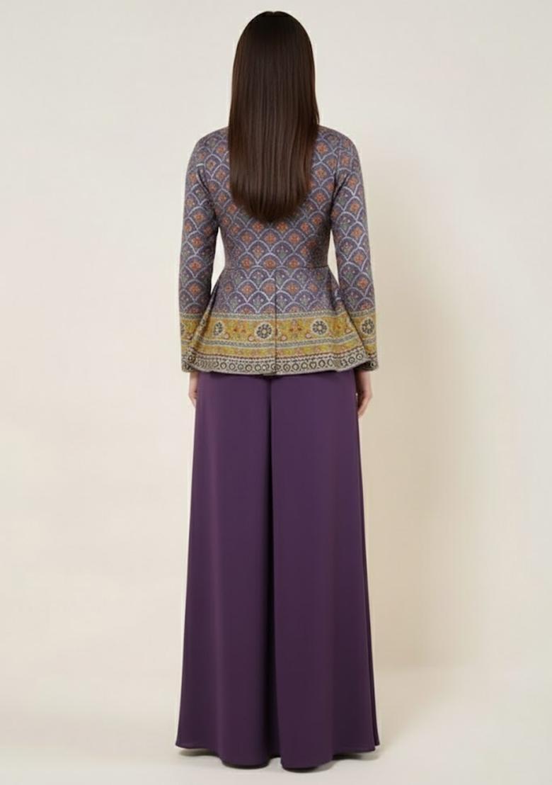 Purple Embroidered Crepe Fusion Set - Indya
