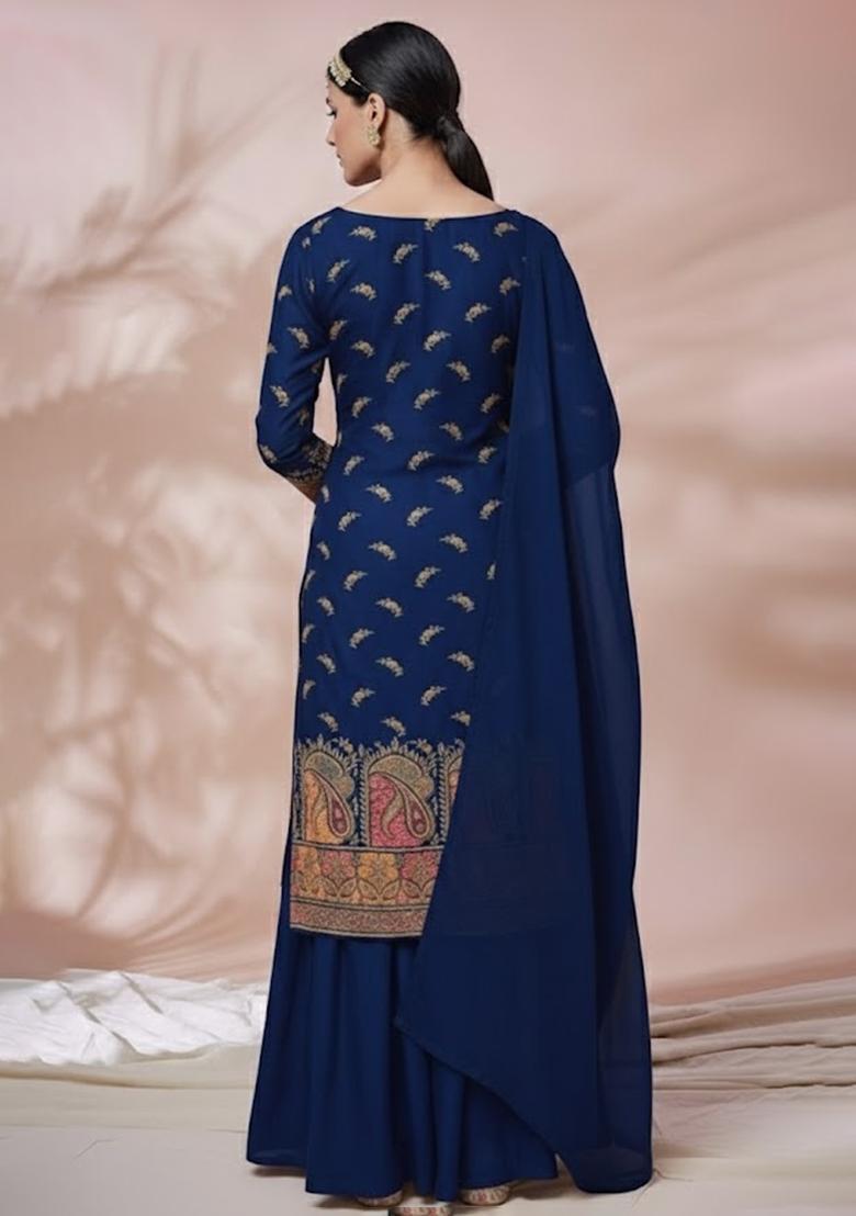 Navy Blue Embroidered Silk Blend Fusion Set - Indya