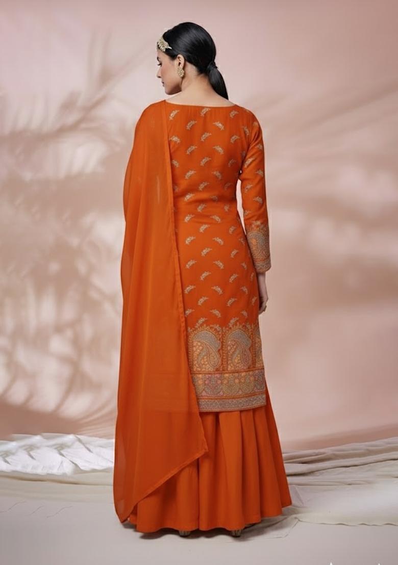 Orange Embroidered Silk Blend Fusion Set - Indya