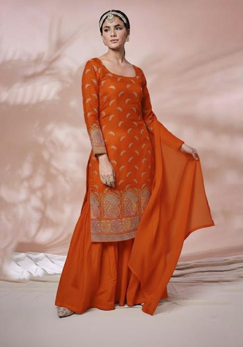 Orange Embroidered Silk Blend Fusion Set
