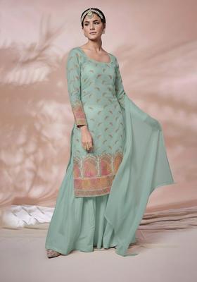 Teal Embroidered Silk Blend Fusion Set