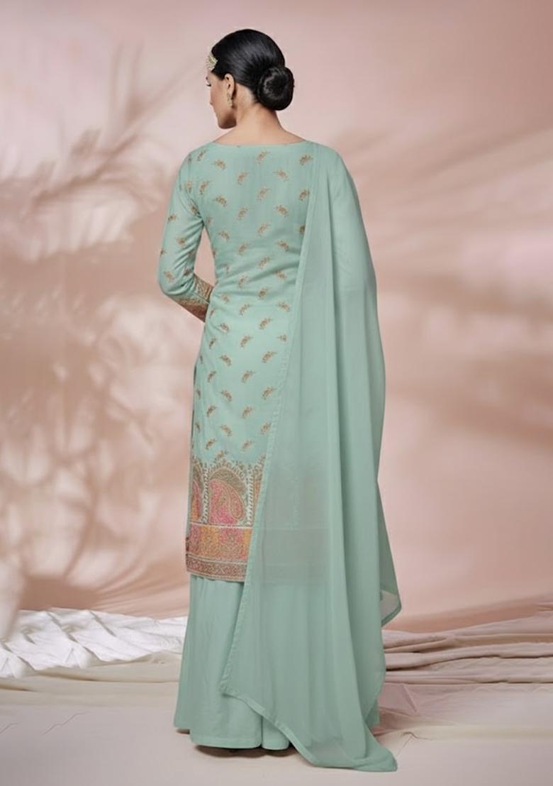 Teal Embroidered Silk Blend Fusion Set - Indya