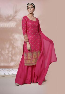 Pink Embroidered Silk Blend Fusion Set