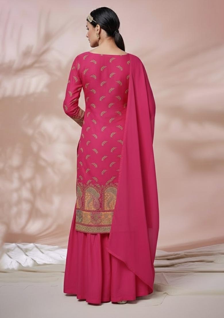 Pink Embroidered Silk Blend Fusion Set - Indya