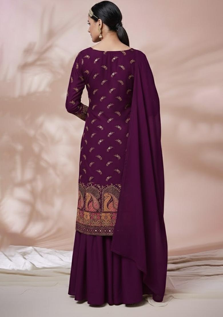 Purple Embroidered Silk Blend Fusion Set - Indya