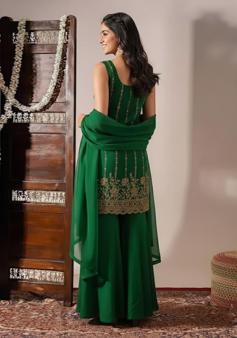 Emerald Green Sequin Shimmer Sharara Set - Indya