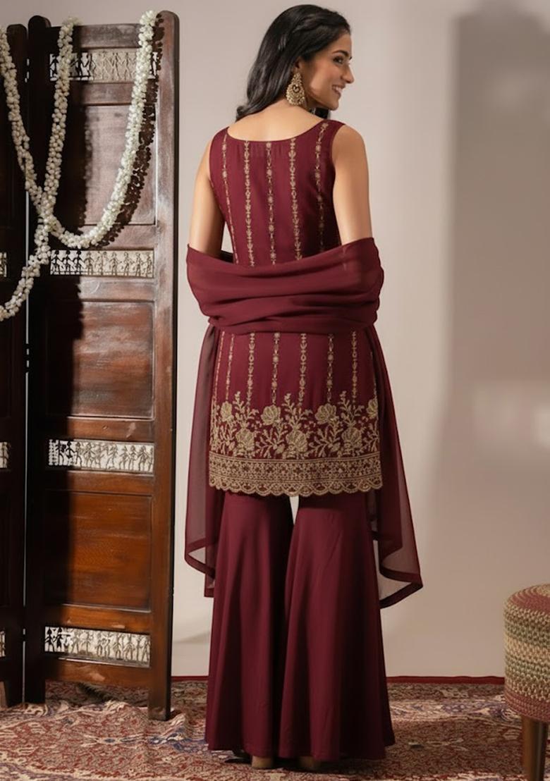 Maroon Sequin Shimmer Sharara Set - Indya
