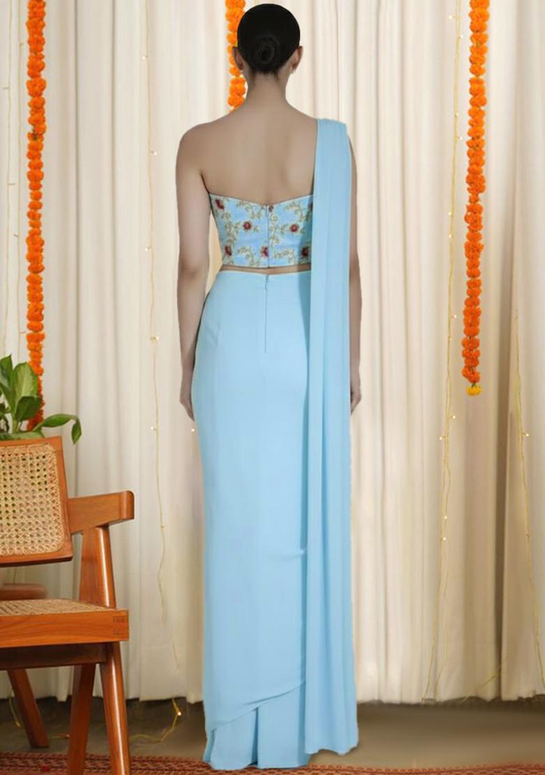 Powder Blue Embroidered Tissue Pre Draped Saree Set - Indya