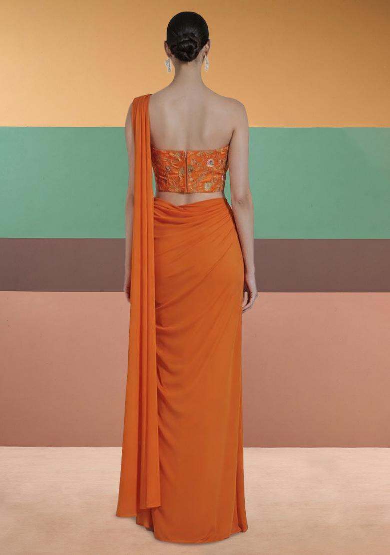 Orange Embroidered Tissue Pre Draped Saree Set - Indya
