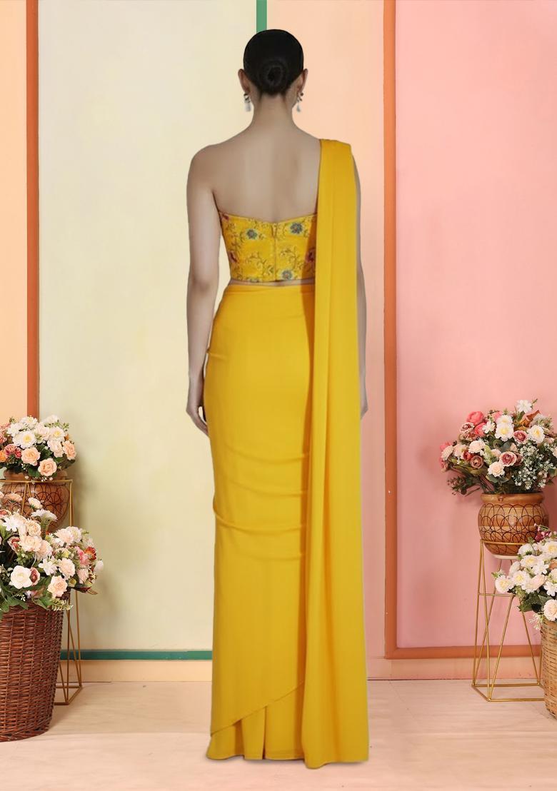 Yellow Embroidered Tissue Pre Draped Saree Set - Indya