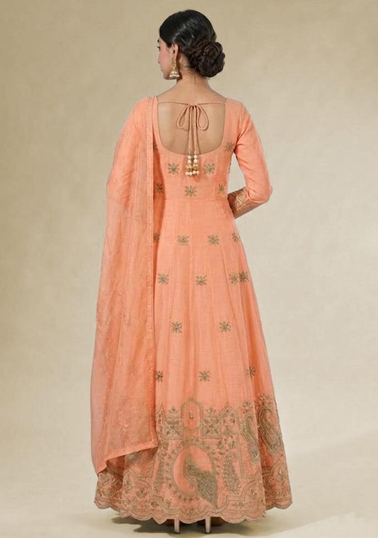 Peach Printed Crepe Anarkali Set - Indya