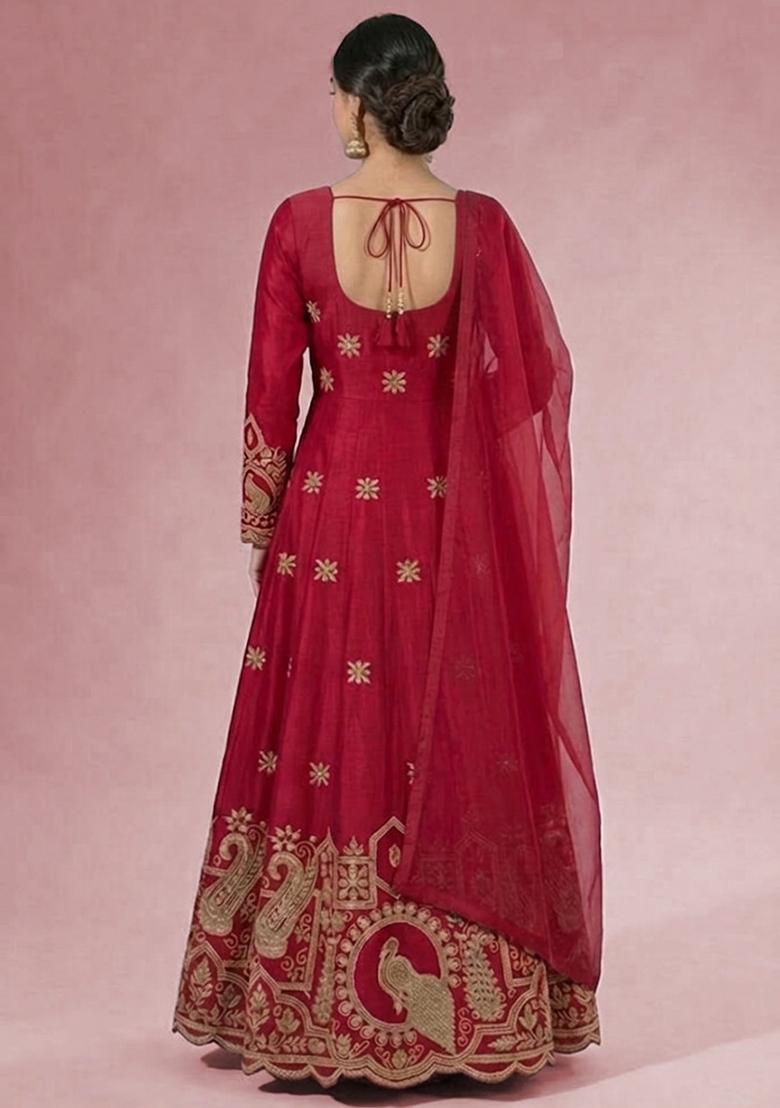 Red Printed Crepe Anarkali Set - Indya