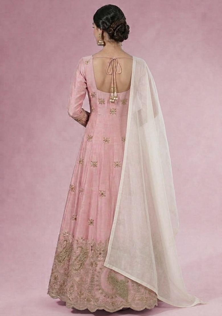 Rose Pink Printed Crepe Anarkali Set - Indya