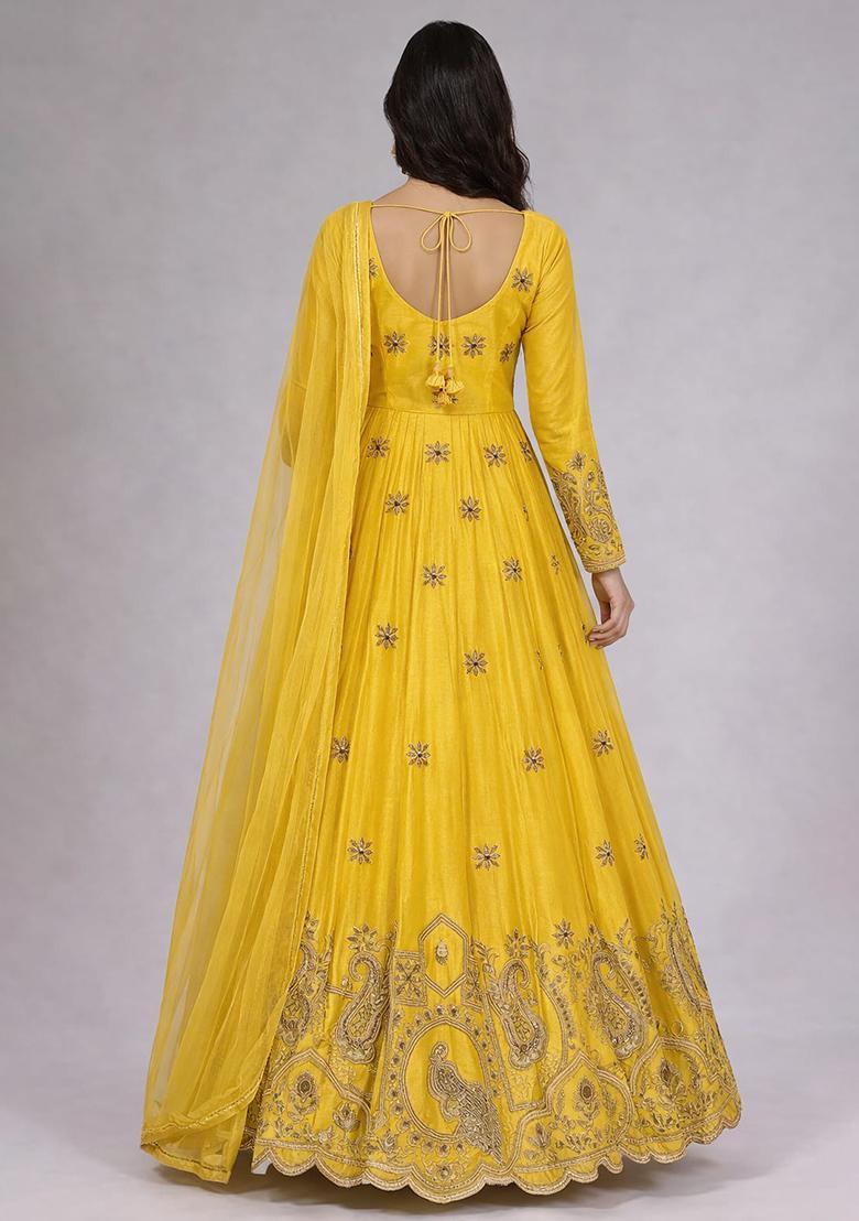 Yellow Printed Crepe Anarkali Set - Indya