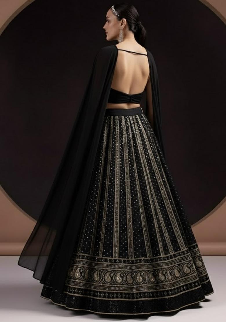 Black Embroidered Georgette Lehenga Set - Indya