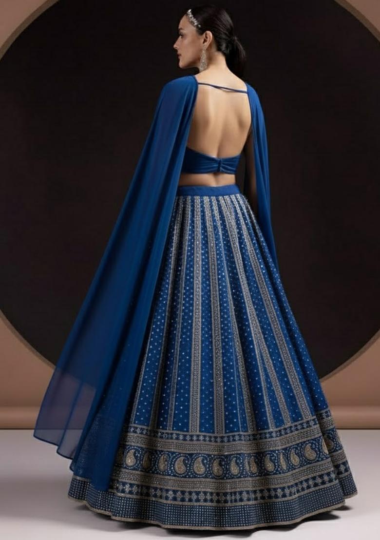 Blue Embroidered Georgette Lehenga Set - Indya