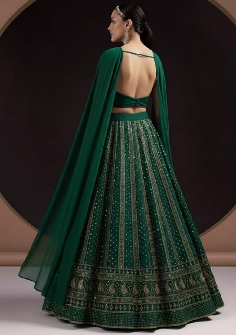 Green Embroidered Georgette Lehenga Set - Indya