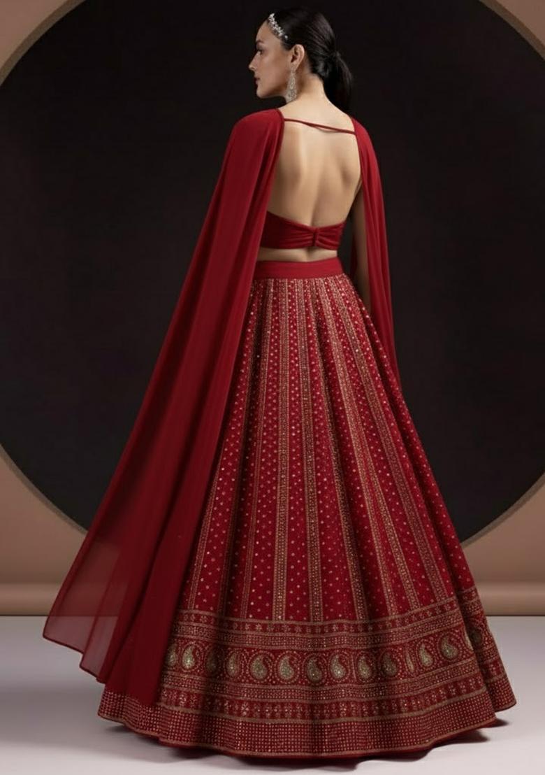 Red Embroidered Georgette Lehenga Set - Indya