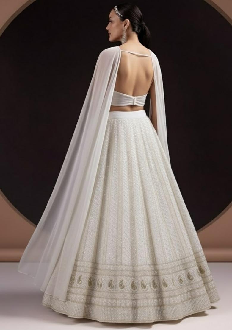 White Embroidered Georgette Lehenga Set - Indya