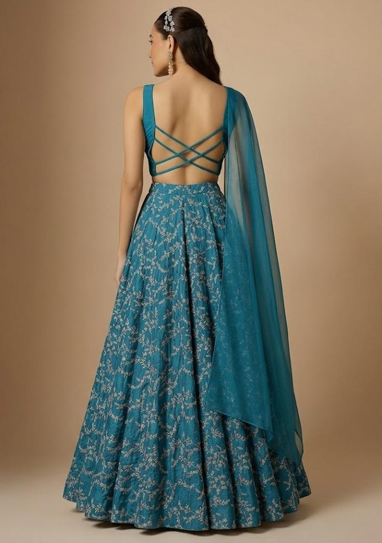 Teal Blue Embroidered Crepe Lehenga Set - Indya