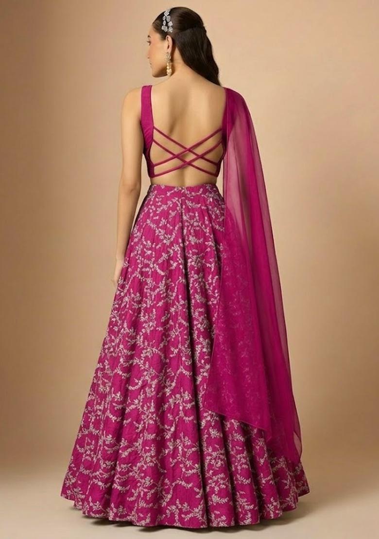 Rani Pink Embroidered Crepe Lehenga Set - Indya