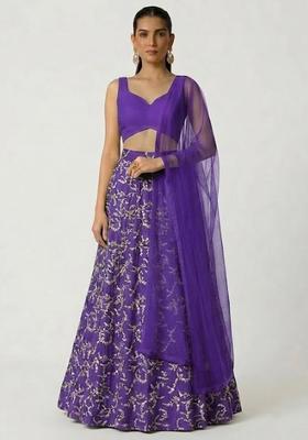 Royal Purple Embroidered Crepe Lehenga Set