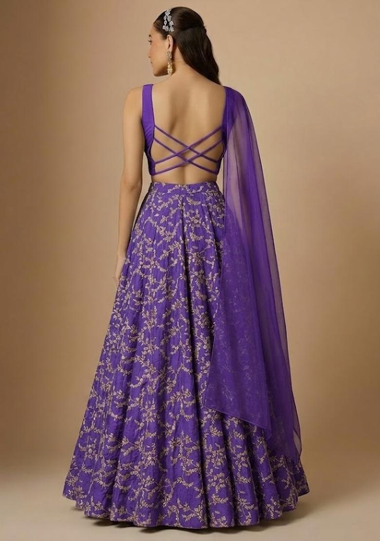 Royal Purple Embroidered Crepe Lehenga Set - Indya