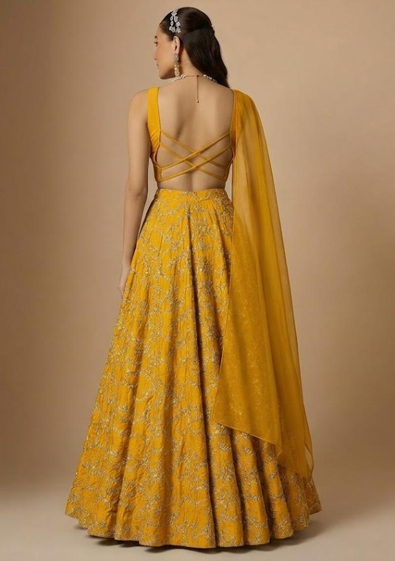 Mustard Embroidered Crepe Lehenga Set - Indya