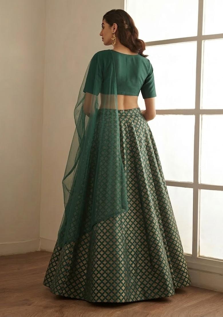 Emerald Green Brocade Lehenga Set - Indya